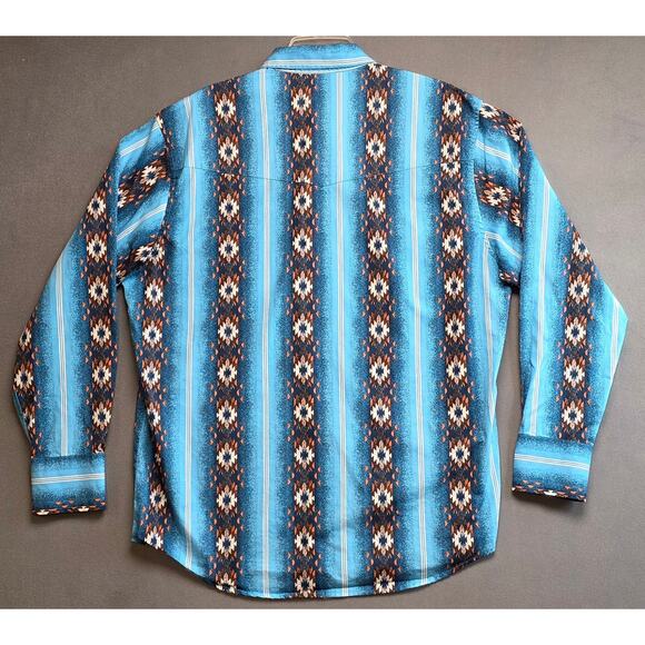 Wrangler Pearl Snap Shirt XL Southwestern Aztec‎ Mens Long Sleeve Blue - Picture 7 of 8